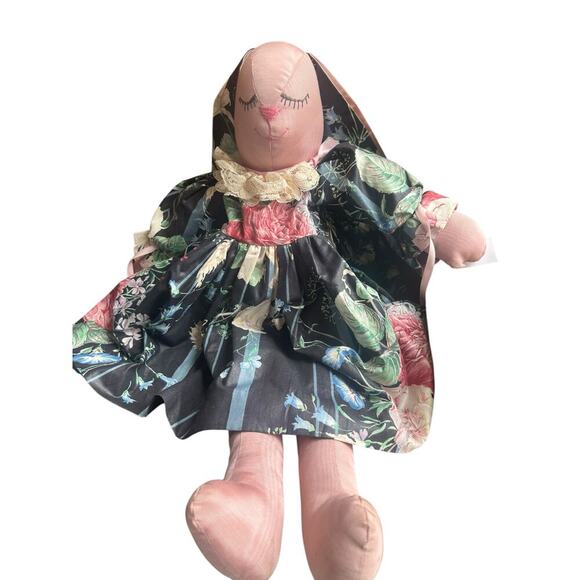 None Other - Cloth Bunny Rabbit Doll in Black Floral Easter Dress
